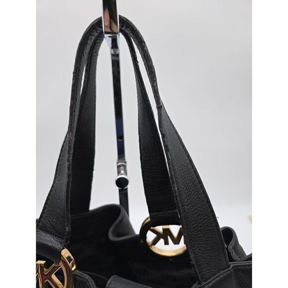Michael Kors Black Leather Tote Bag With Gold MK Logo & Multiple Pockets - Picture 9 of 11